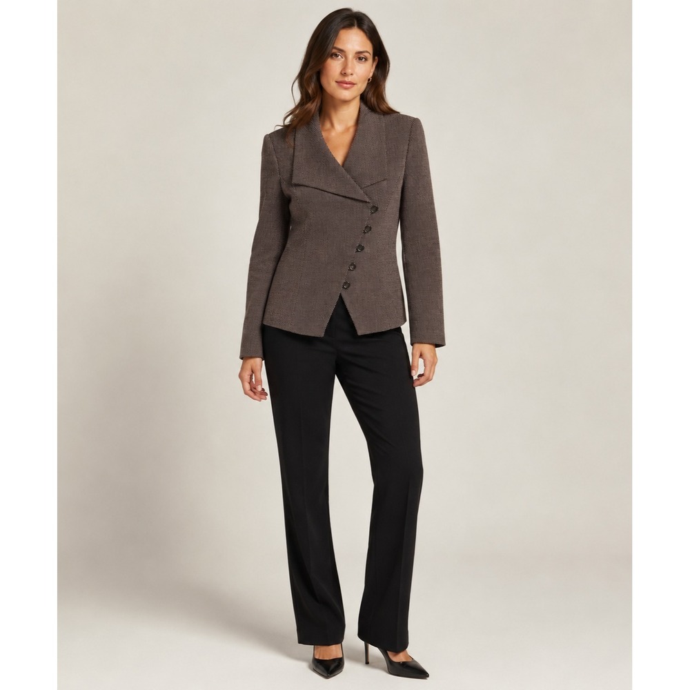 Tahari ASL Blazer Jacket Womens 4 Brown Wool Asymmetrical Buttons Lined